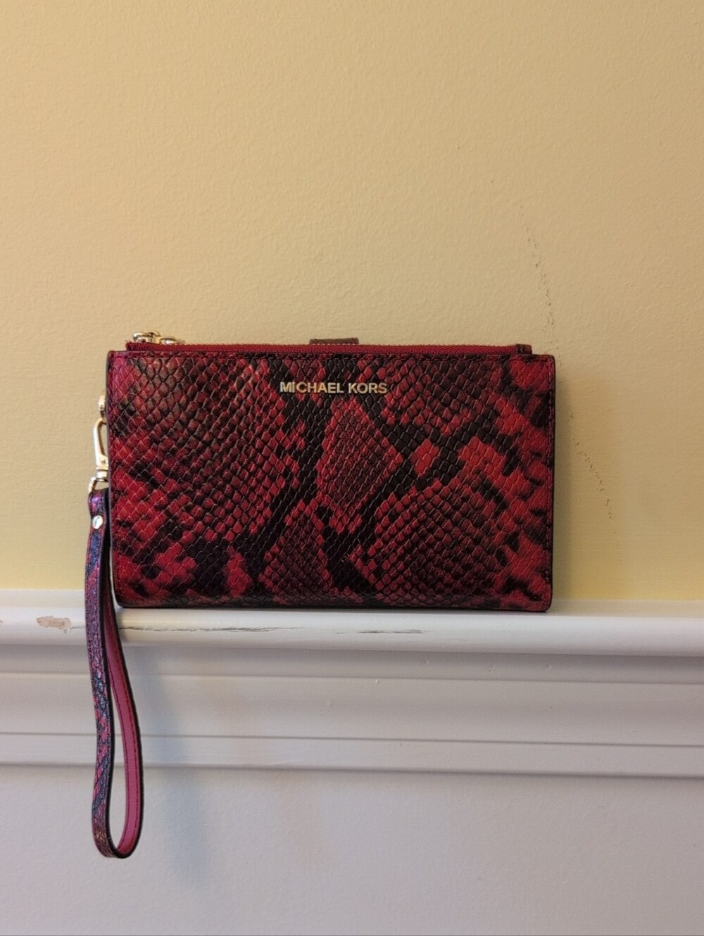 Michael Kors Red Snake-Print Wristlet with Gold Hardware